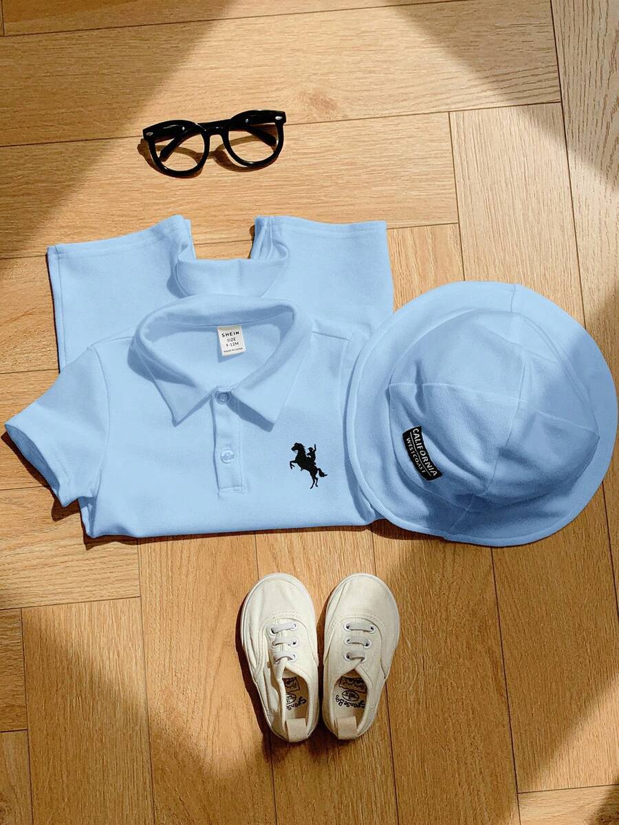 Newborn Baby Boy Girl Horse Print Polo Romper & Sun Hat 2 Piece Outfit Set for Spring Summer