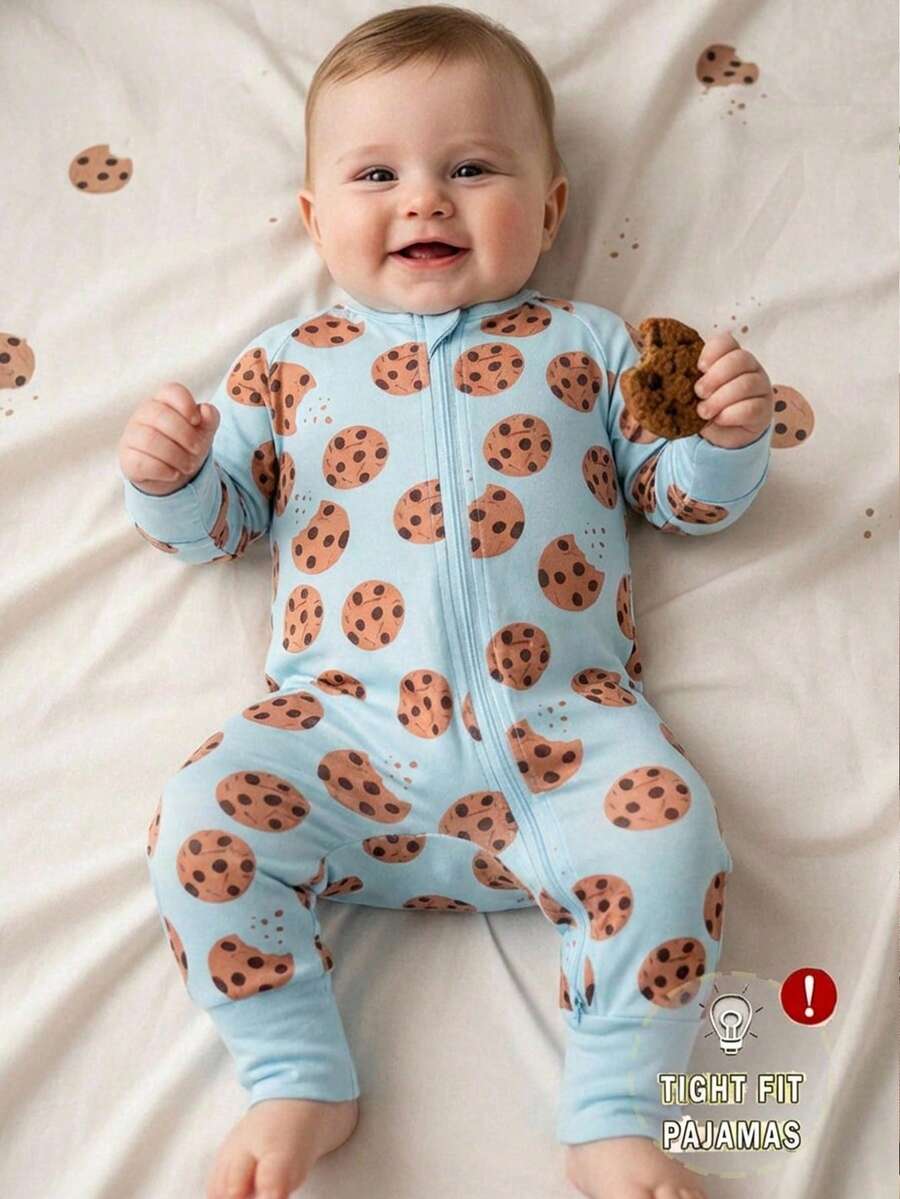 Baby Boy Cookie Print Zip Up Long Sleeve Jumpsuit Pajamas Soft One Piece Sleepwear