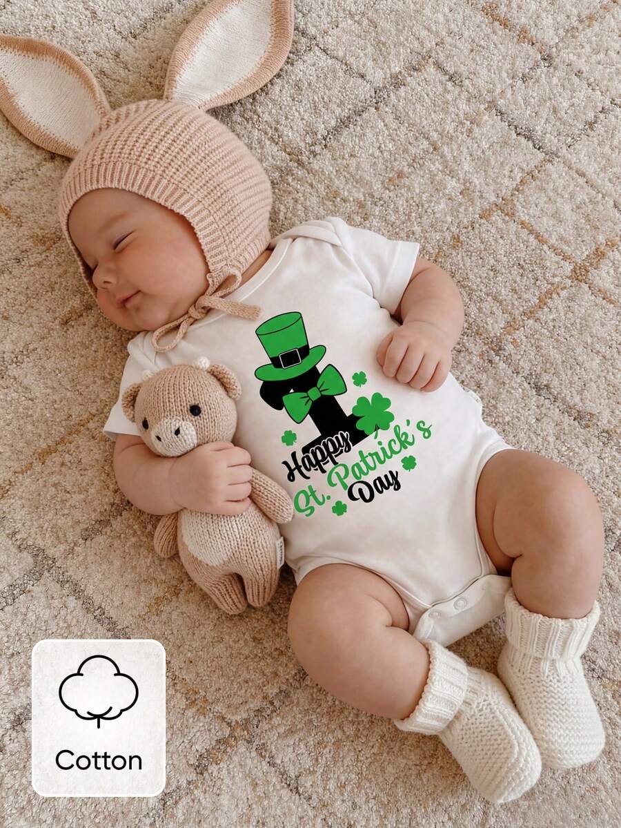 Unisex Newborn Baby Letter Slogan Short Sleeve Bodysuit Neutral White Everyday Outfit
