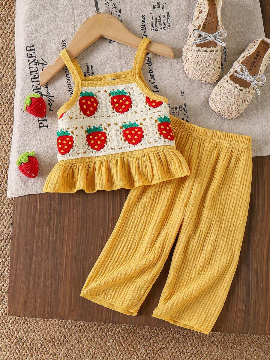 Delicate Strap Top And Solid Pants Set For Toddler Girls Casual Outfit