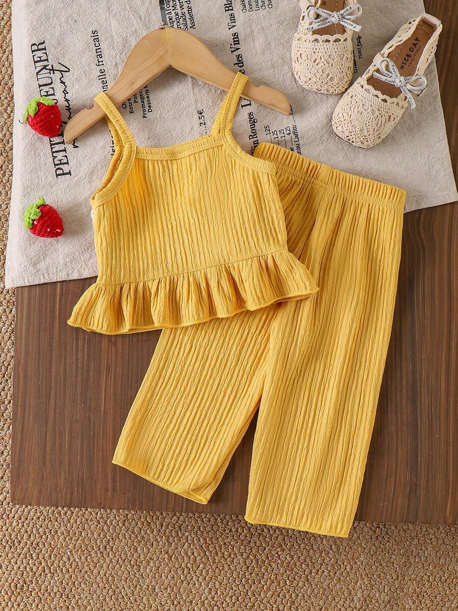 Delicate Strap Top And Solid Pants Set For Toddler Girls Casual Outfit