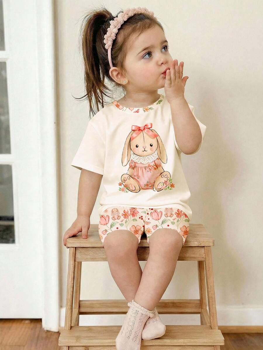 Cute Short Sleeve Clothing Set For Little Girls Flower Print Leggings Style