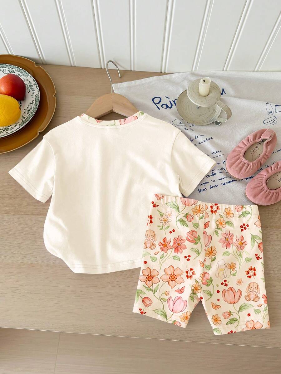 Cute Short Sleeve Clothing Set For Little Girls Flower Print Leggings Style