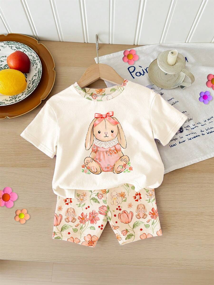 Cute Short Sleeve Clothing Set For Little Girls Flower Print Leggings Style