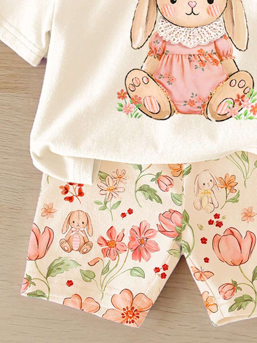 Cute Short Sleeve Clothing Set For Little Girls Flower Print Leggings Style