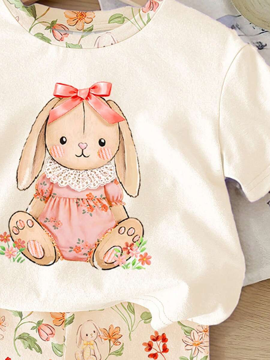 Cute Short Sleeve Clothing Set For Little Girls Flower Print Leggings Style