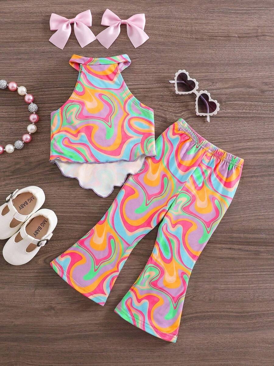 Tropical Vacation Sleeveless Top and Flared Pants 2-Piece Set for Toddler Girls
