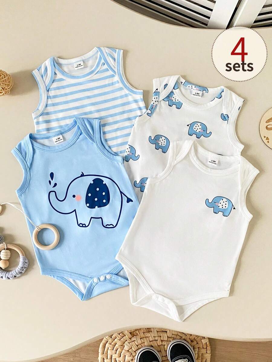 4PCS Baby Elephant Striped Print Short Sleeve Romper Set for Daily Wear and Playtime