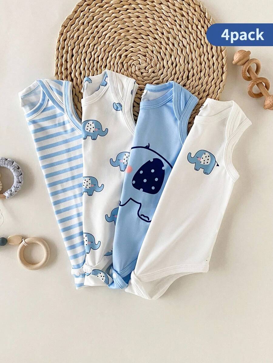 4PCS Baby Elephant Striped Print Short Sleeve Romper Set for Daily Wear and Playtime