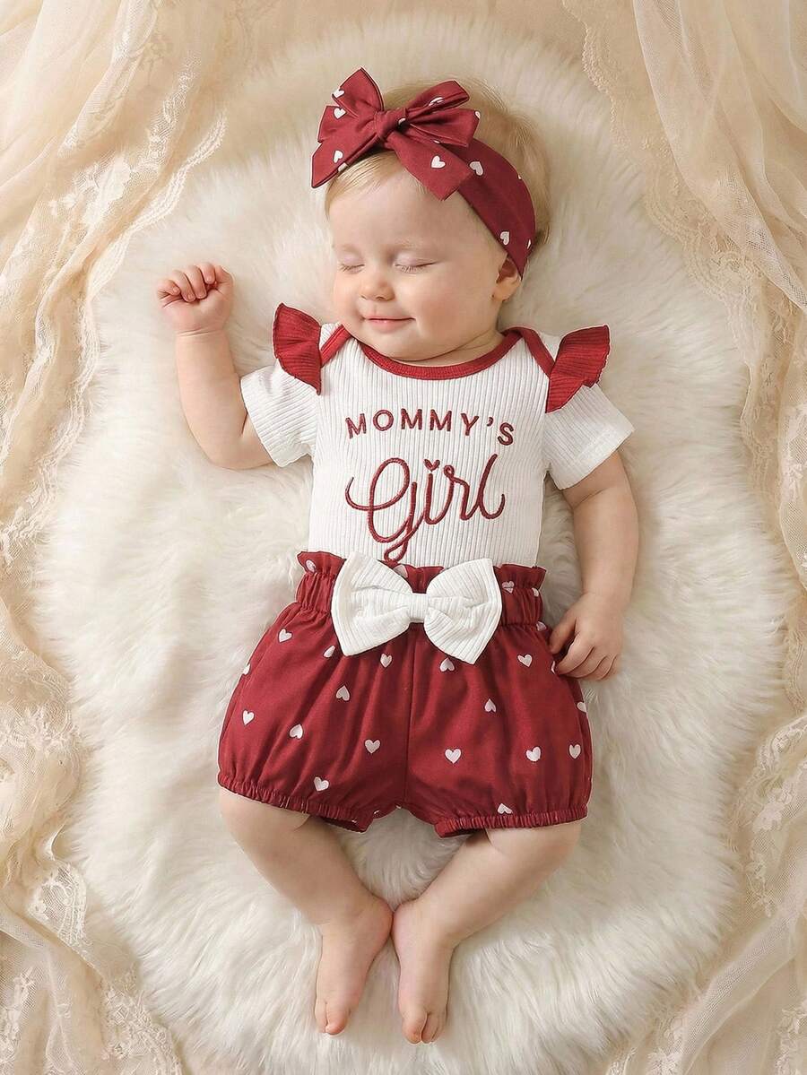 Cute Kids 3-Piece Casual Outfit Set For Toddlers – Embroidery Bodysuit, Soft Pants & Matching Bow Headband