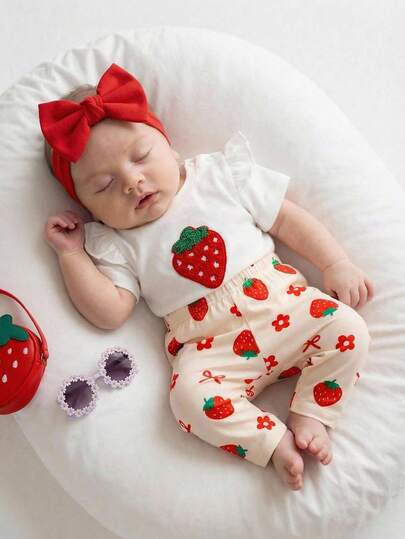 Baby Girl Strawberry Print T Shirt and Pants Set for Cute Summer Daily Wear