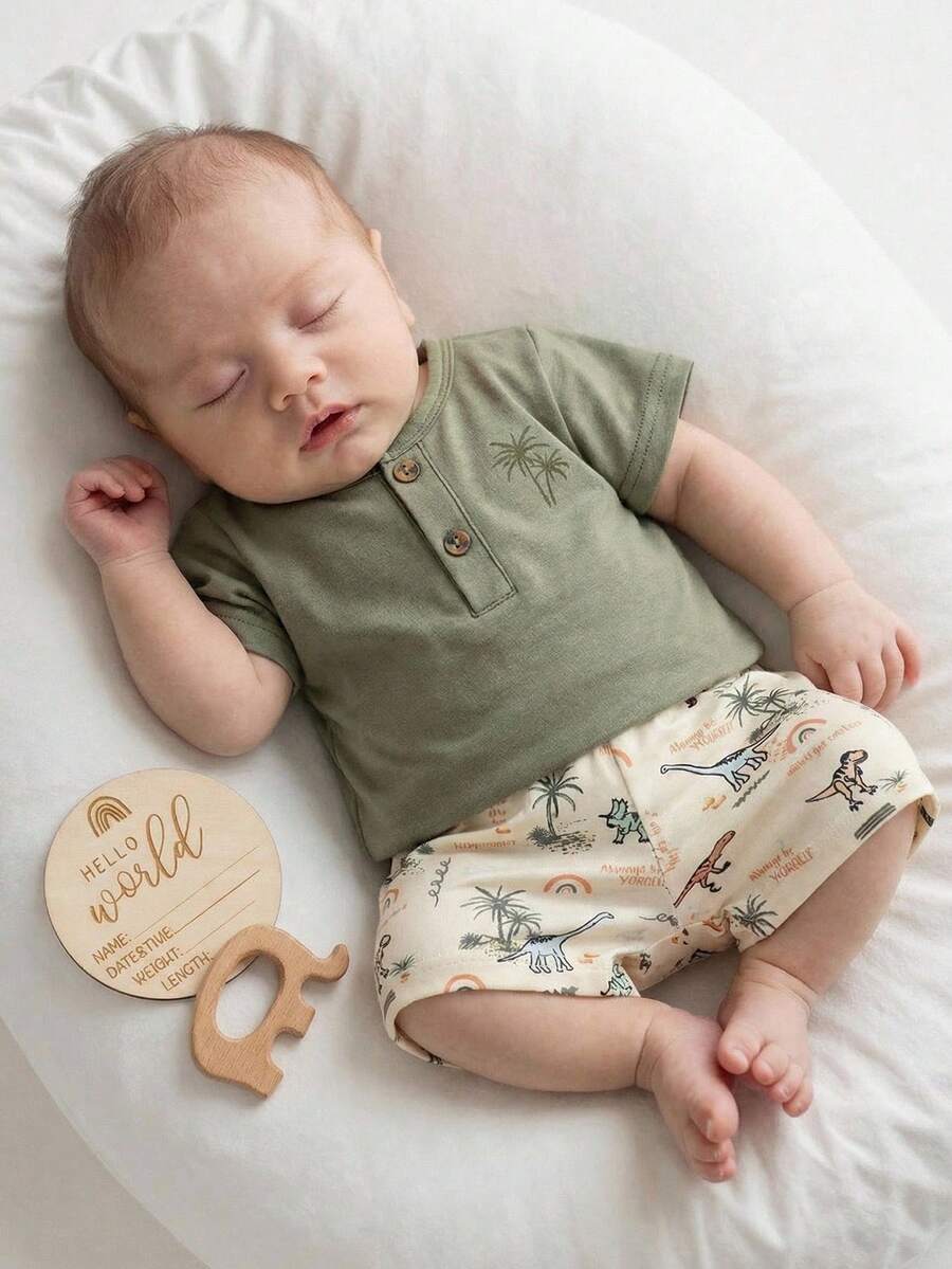 2PCS Baby Boy Coconut Tree Top and Dinosaur Shorts Set for Cute Summer Daily Wear