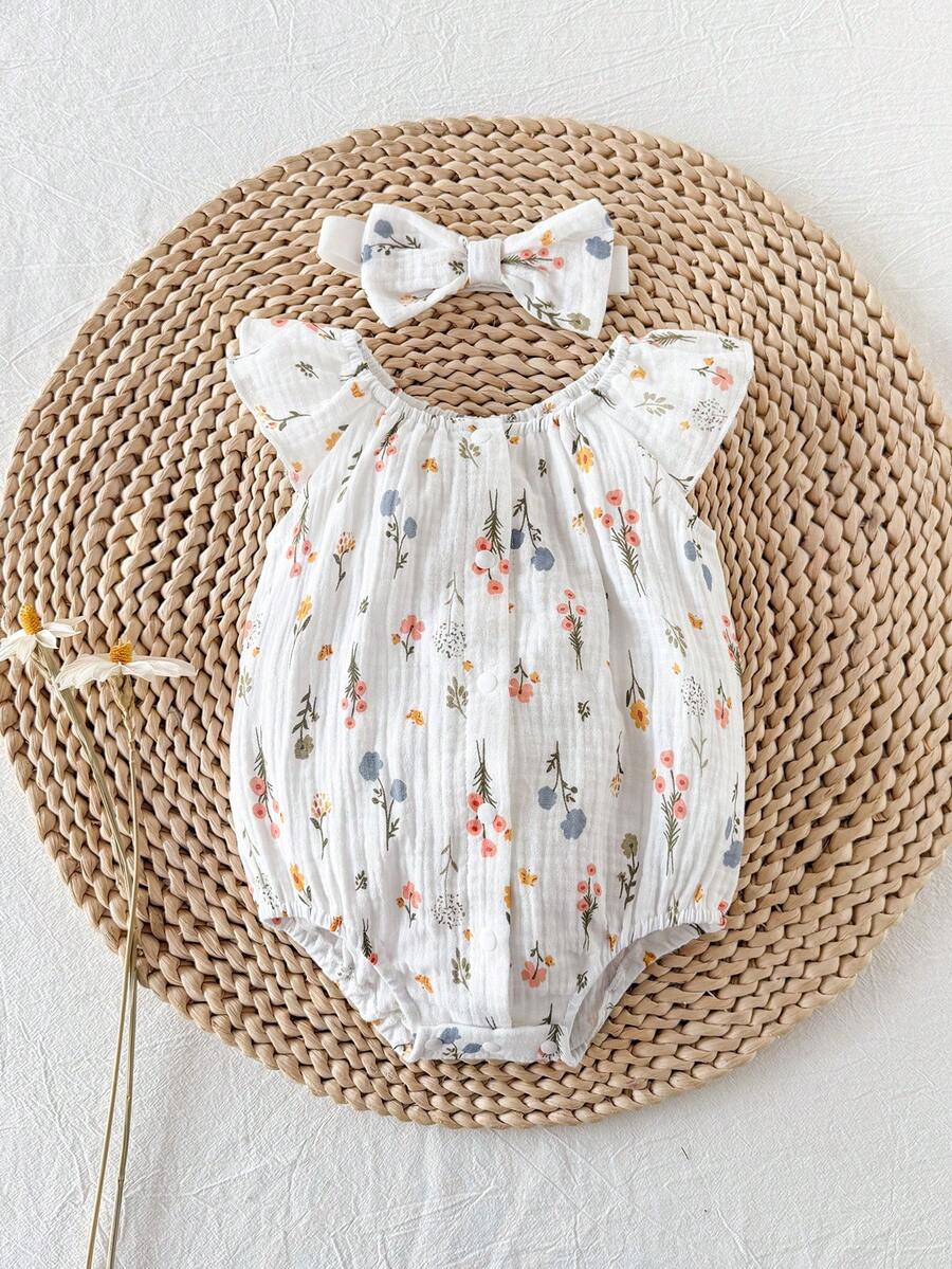 Baby Floral and Grass Print Ruffle Sleeve Romper with Headband for Summer Outings