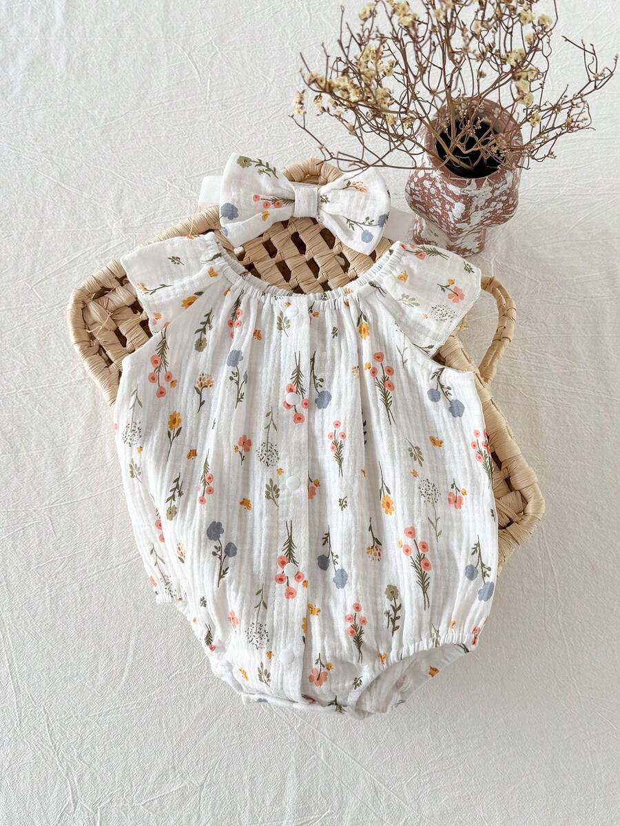 Lemon Print Ruffle Trim Bodysuit and Headband Set for Cute Summer Daily Wear