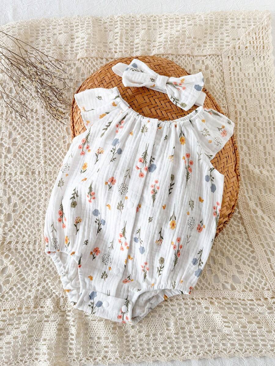 Lemon Print Ruffle Trim Bodysuit and Headband Set for Cute Summer Daily Wear
