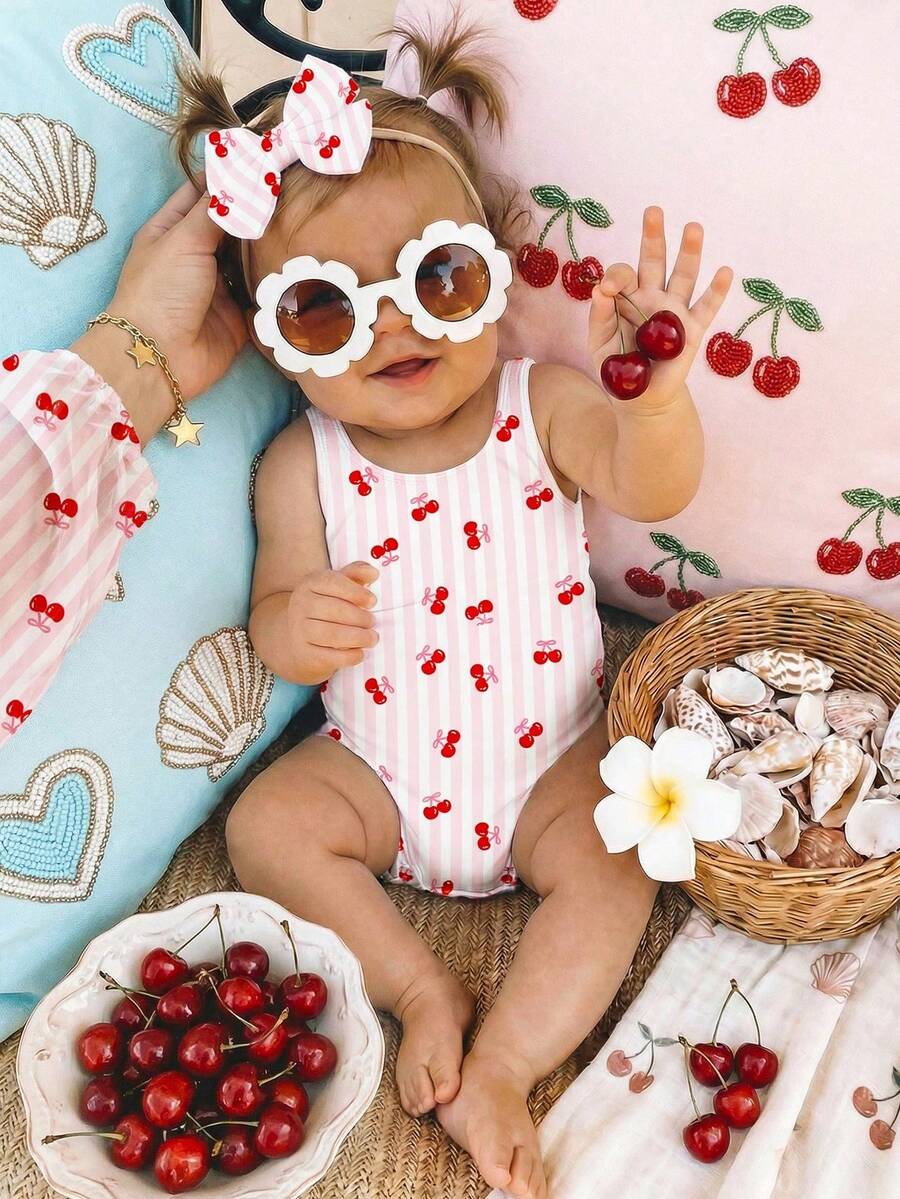 Baby Cherry Print Striped One-Piece Swimsuit for Summer Beach and Vacation Wear