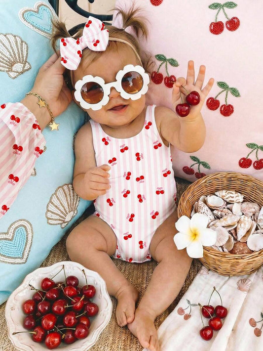 Baby Cherry Print Striped One-Piece Swimsuit for Summer Beach and Vacation Wear