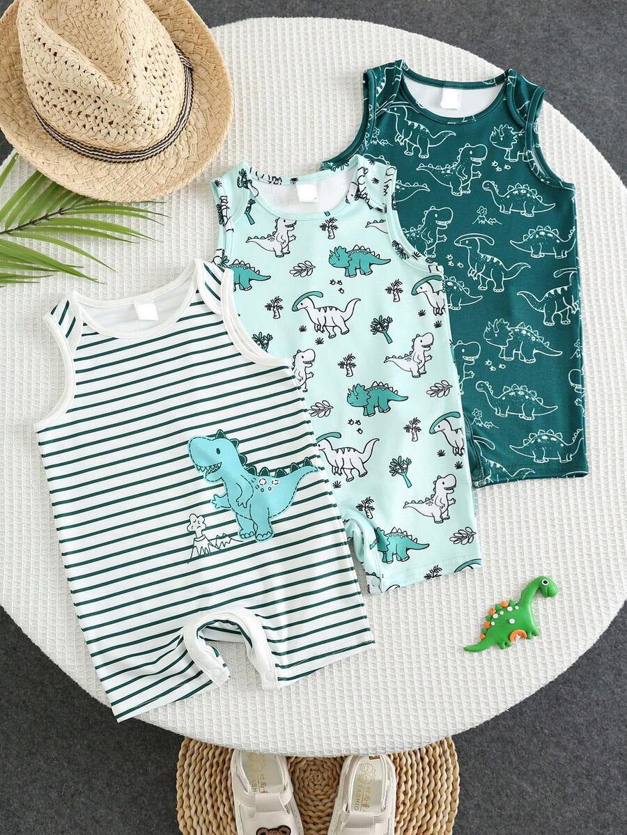 Unisex Newborn Baby Dinosaur Print Sleeveless Romper 3 Piece Casual Cartoon Outfit Set