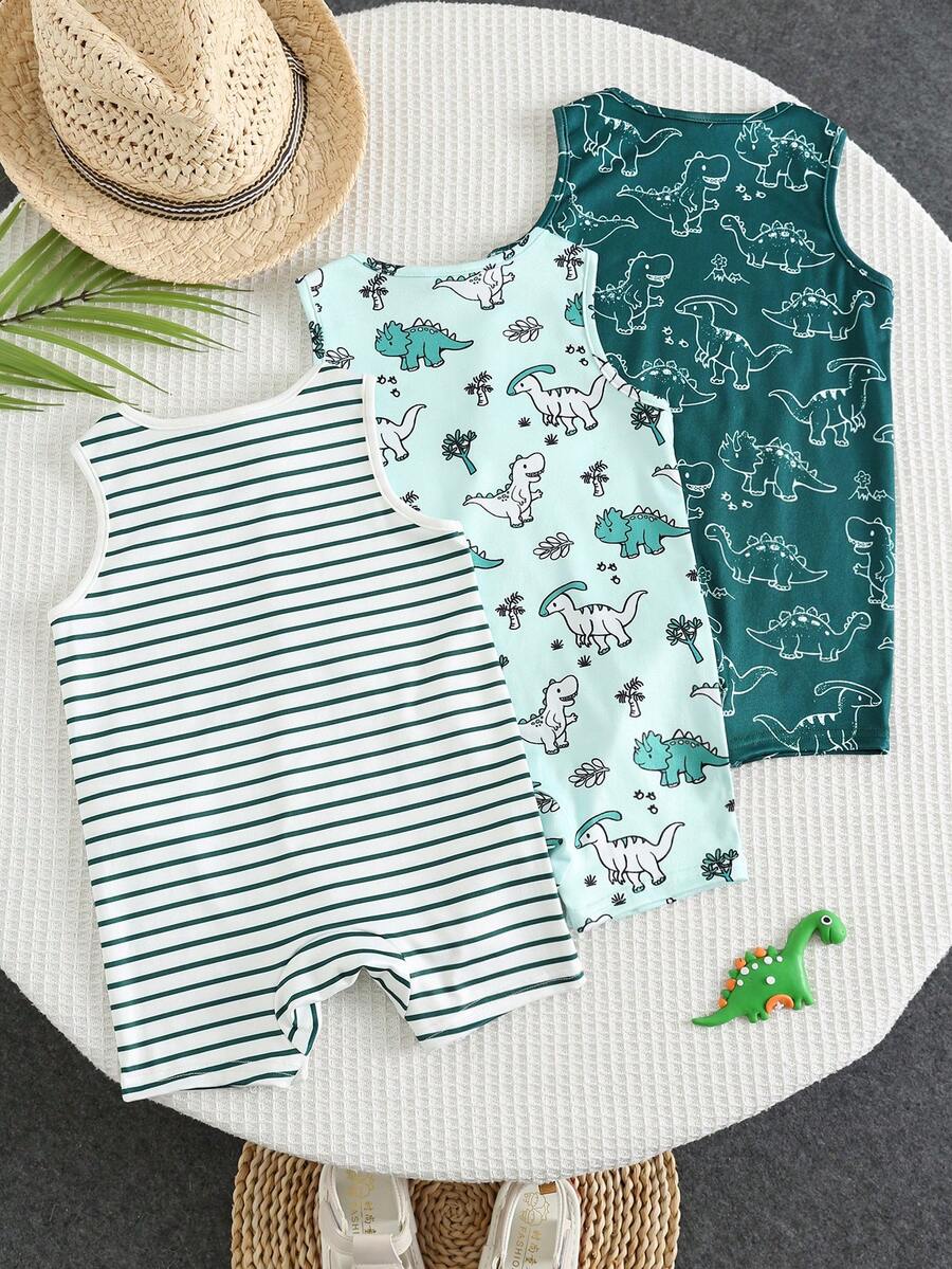 Unisex Newborn Baby Dinosaur Print Sleeveless Romper 3 Piece Casual Cartoon Outfit Set