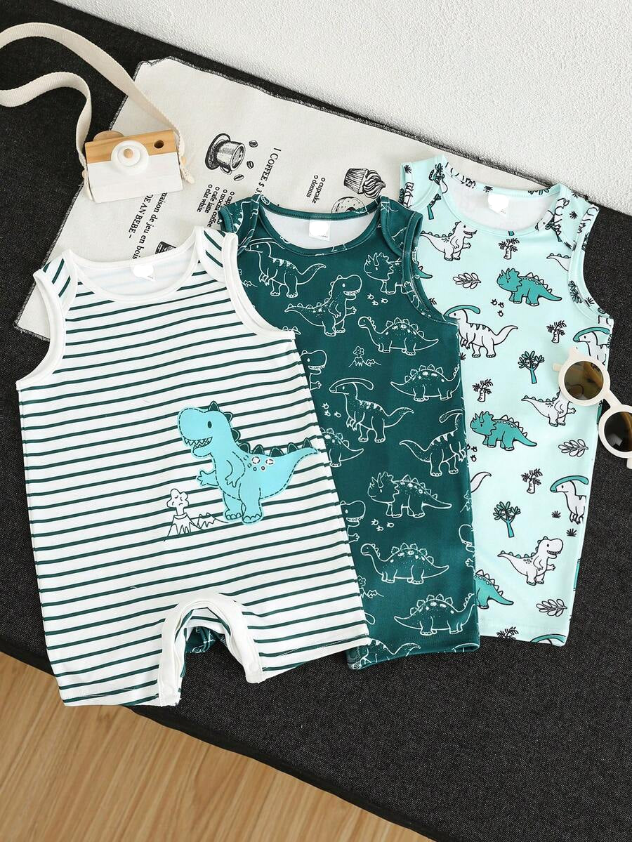 Unisex Newborn Baby Dinosaur Print Sleeveless Romper 3 Piece Casual Cartoon Outfit Set
