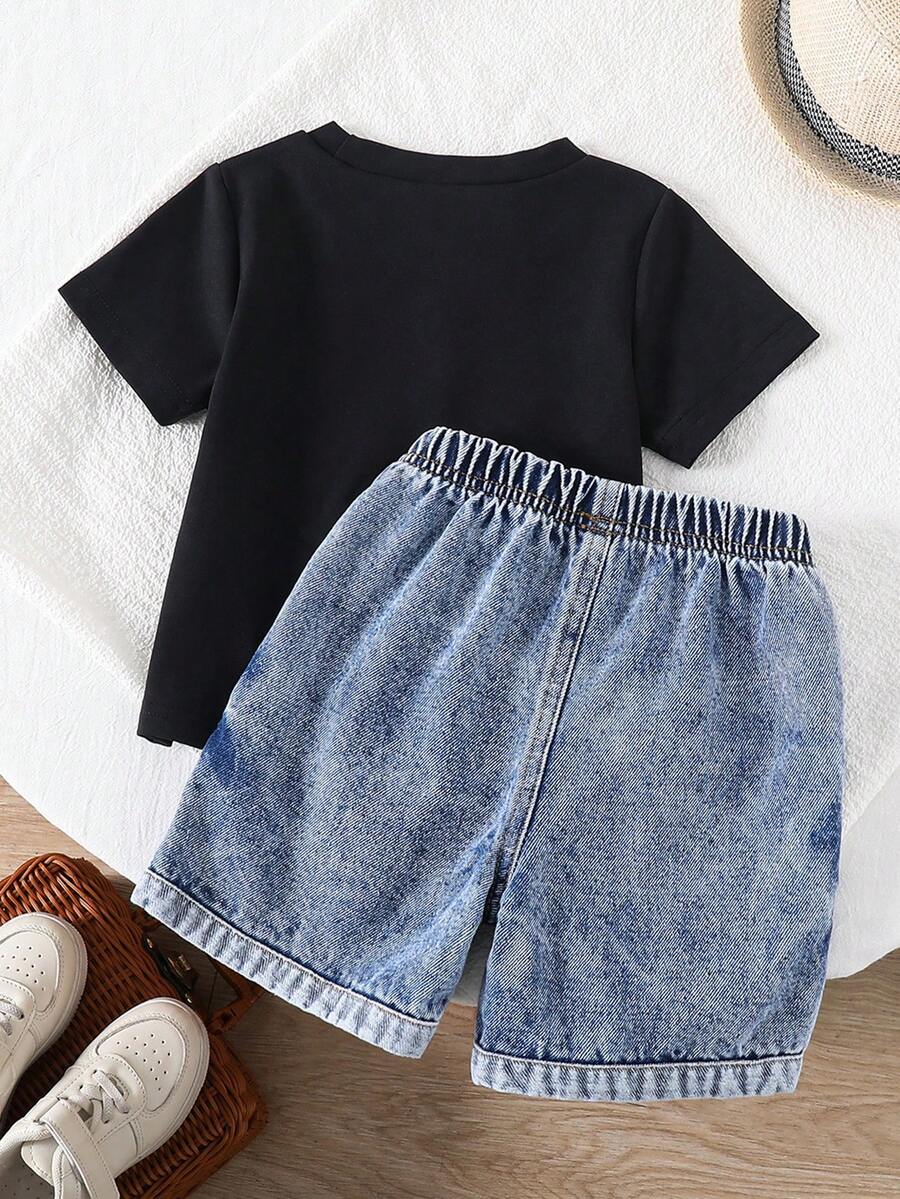 Baby Boy Black and White Striped T Shirt and Denim Shorts 2 Piece Casual Spring Summer Outfit Set