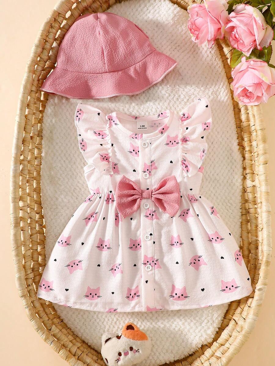 Baby Cherry Print Sleeveless Dress and Red Hat Set for Cute Summer Outings