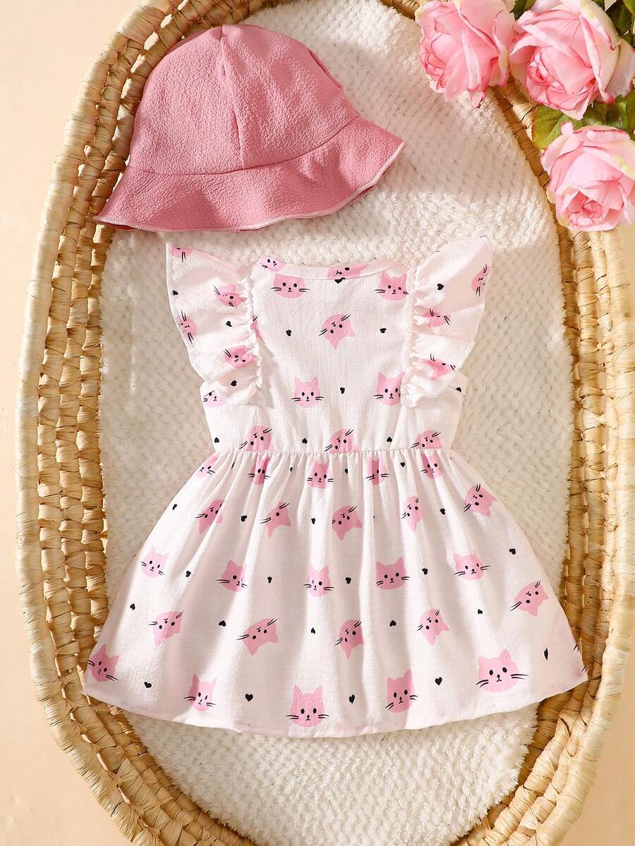 Baby Cherry Print Sleeveless Dress and Red Hat Set for Cute Summer Outings