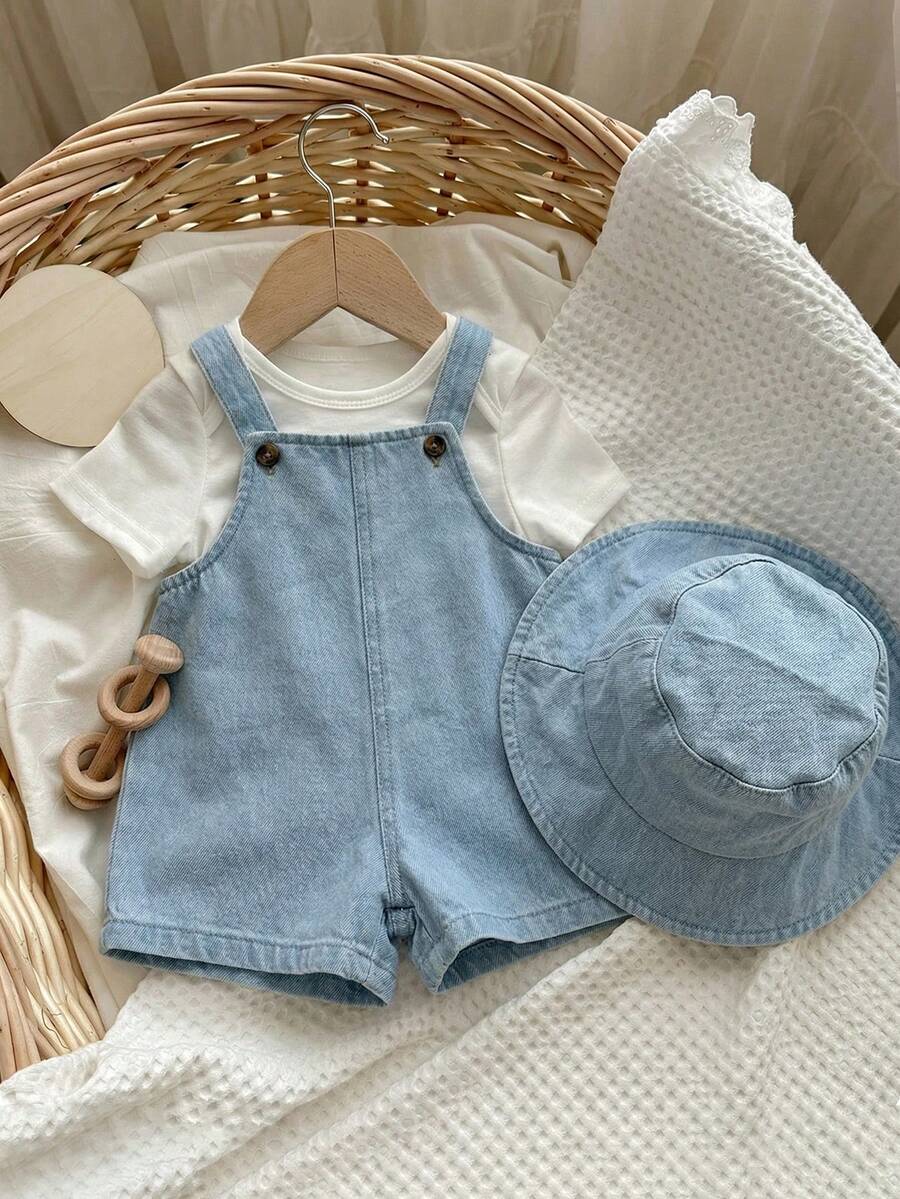 Baby Striped Bib Overalls and Bucket Hat 2 Piece Casual Summer Beach Outfit Set