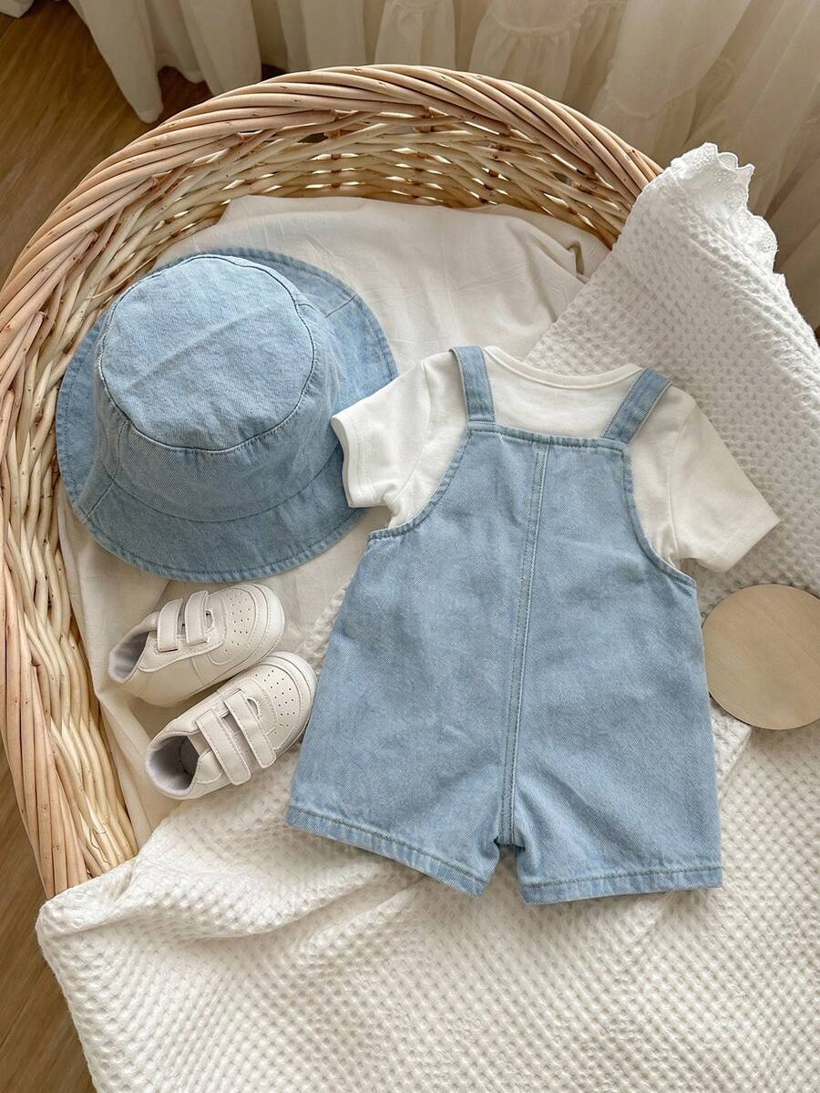 Baby Striped Bib Overalls and Bucket Hat 2 Piece Casual Summer Beach Outfit Set