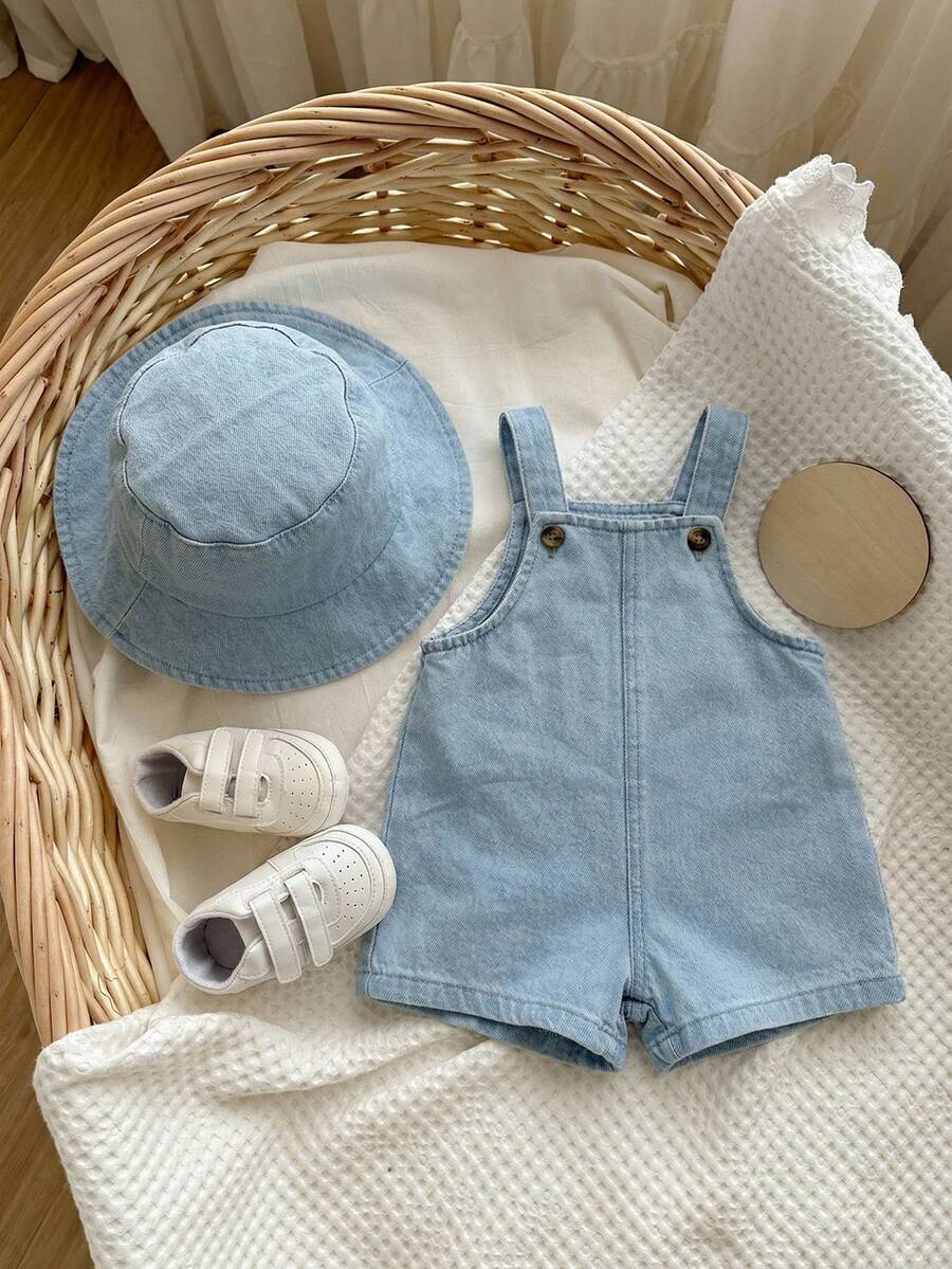 Baby Striped Bib Overalls and Bucket Hat 2 Piece Casual Summer Beach Outfit Set