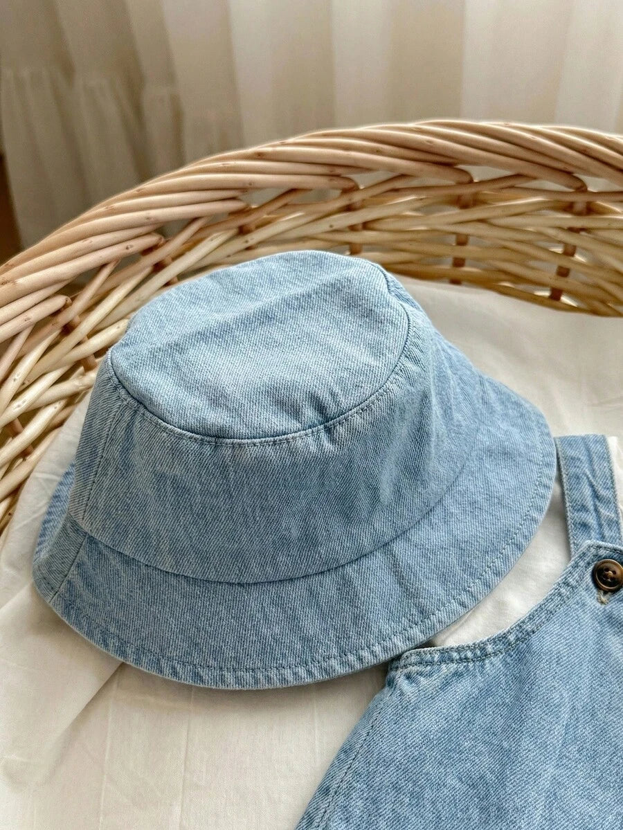 Baby Striped Bib Overalls and Bucket Hat 2 Piece Casual Summer Beach Outfit Set