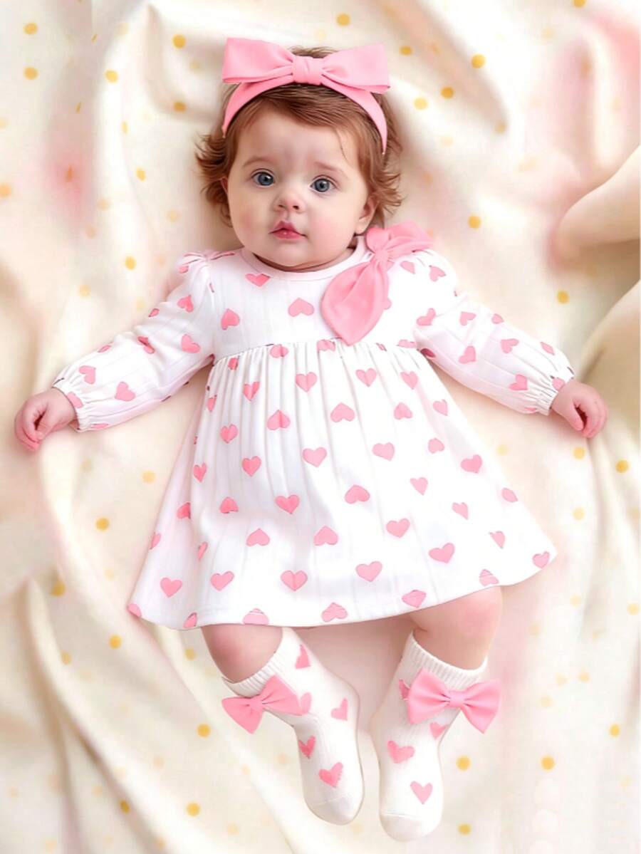 3PCS Baby Dress Gift Set with Bow Headband and Socks for Cute Daily Wear