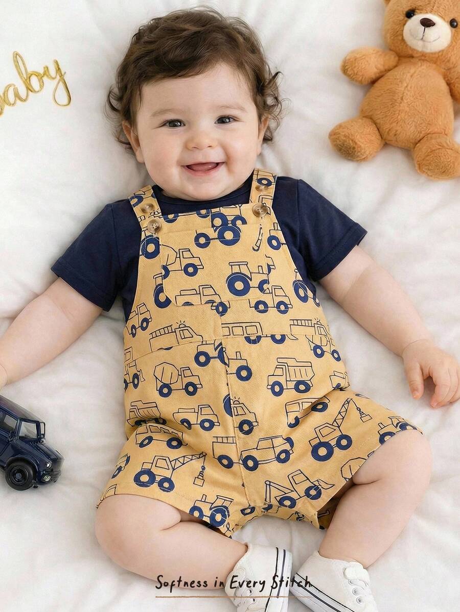 2-Piece Toddler Boy Outfit: Black Graphic T-Shirt and Camo Bib Shorts