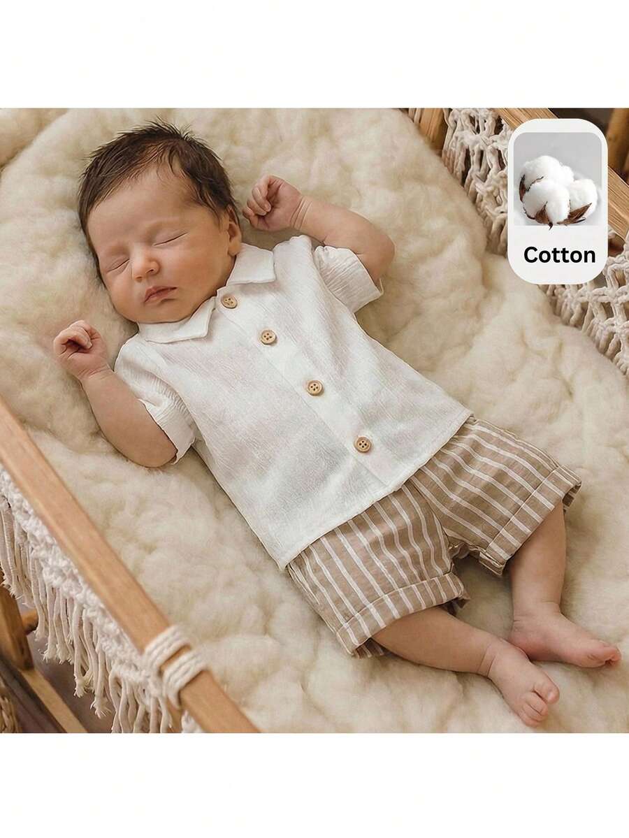 Baby Boy 2pcs Knit Jacquard Summer Set - Short Sleeve Shirt & Elastic Shorts