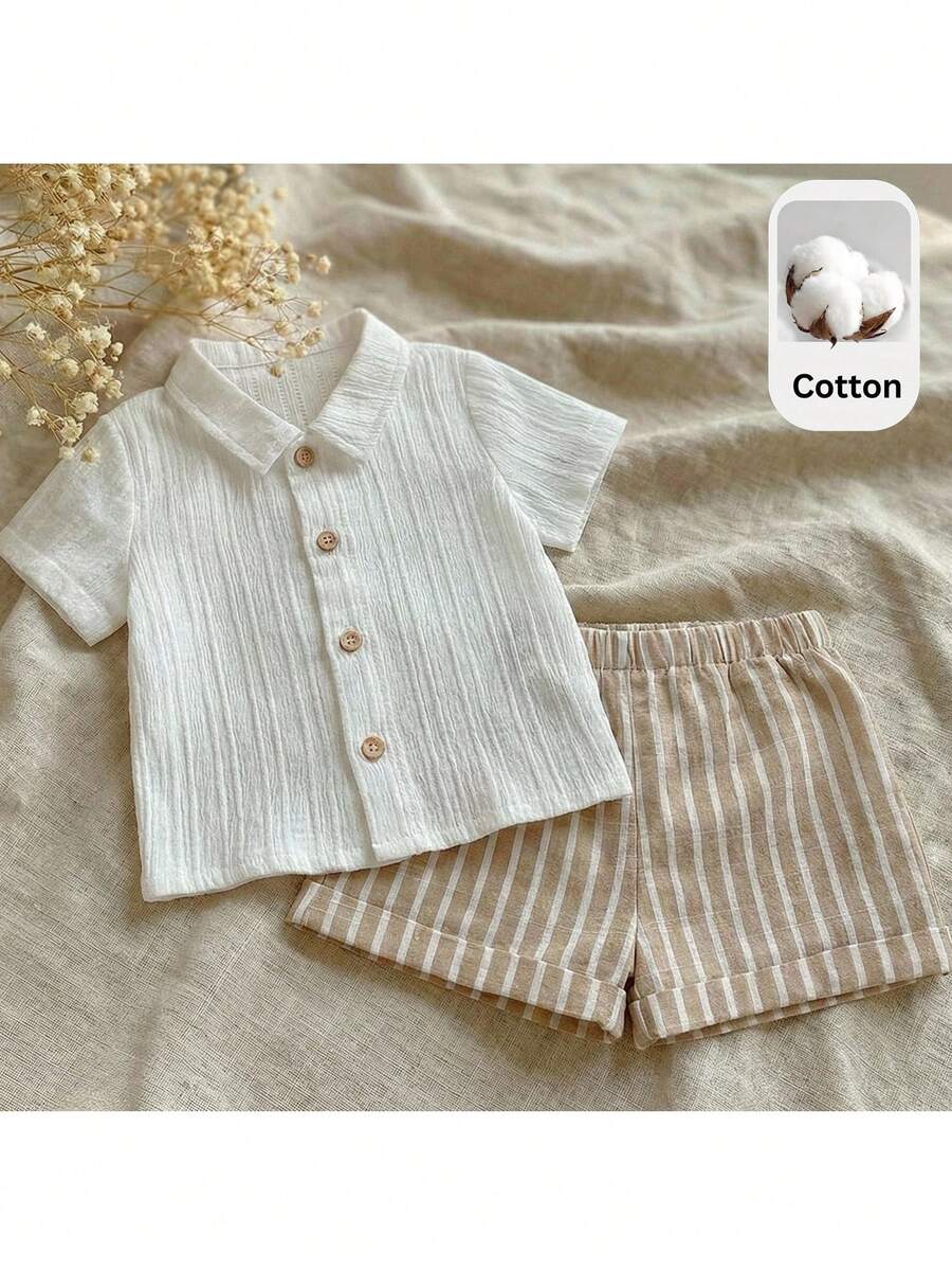 Baby Boy 2pcs Knit Jacquard Summer Set - Short Sleeve Shirt & Elastic Shorts