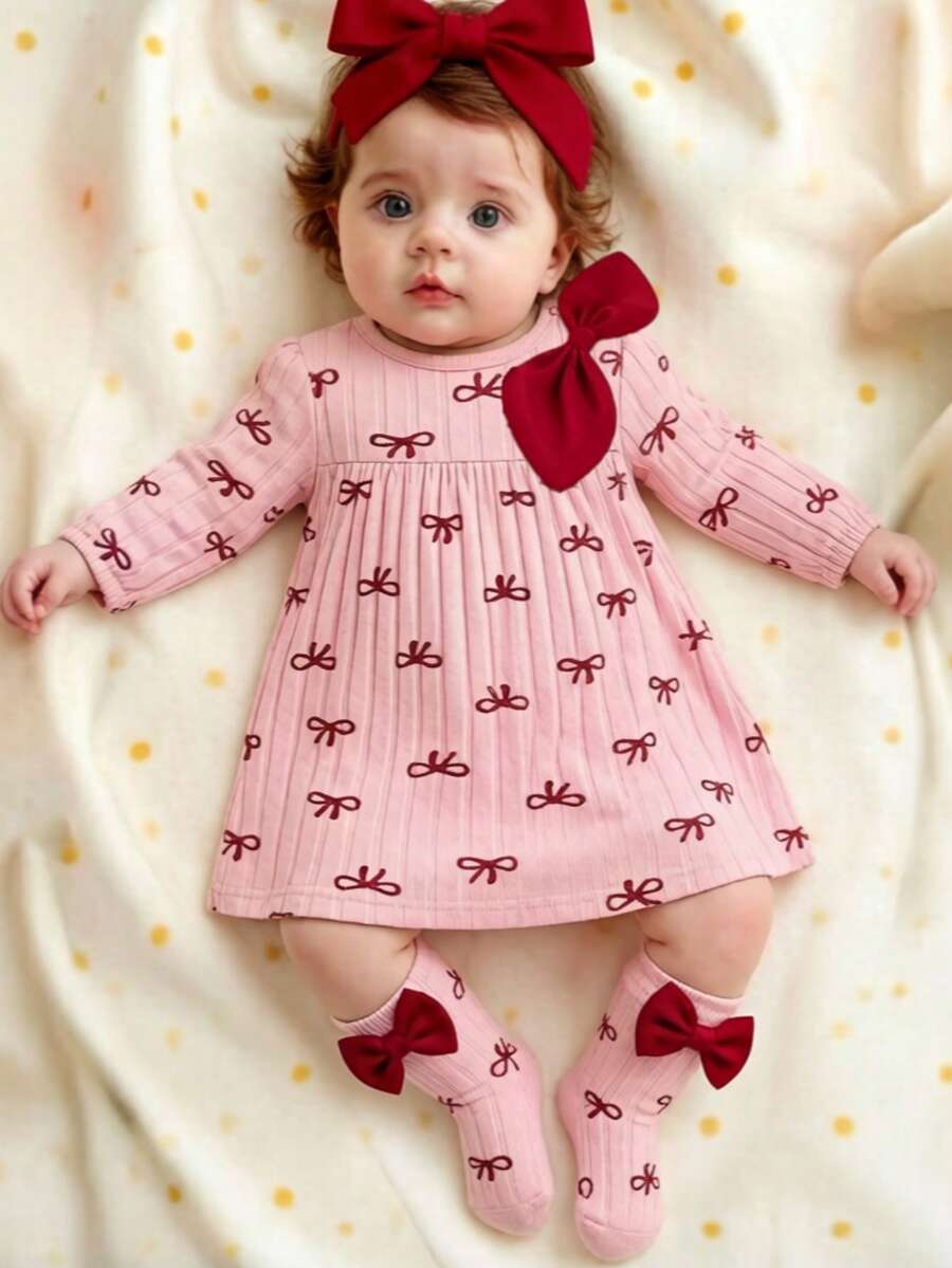 3PCS Baby Dress Gift Set with Bow Headband and Socks for Cute Daily Wear