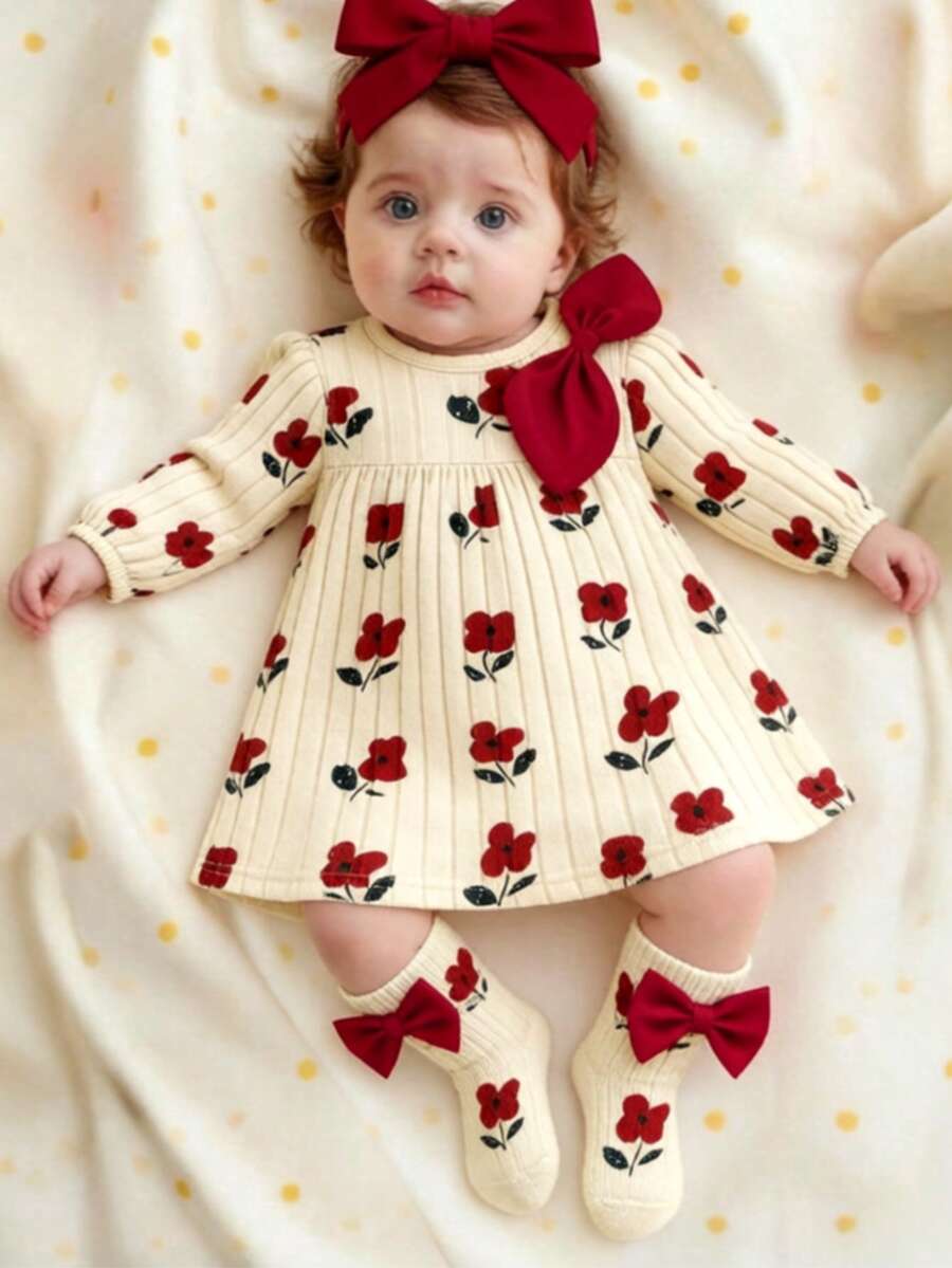 3PCS Baby Dress Gift Set with Bow Headband and Socks for Cute Daily Wear