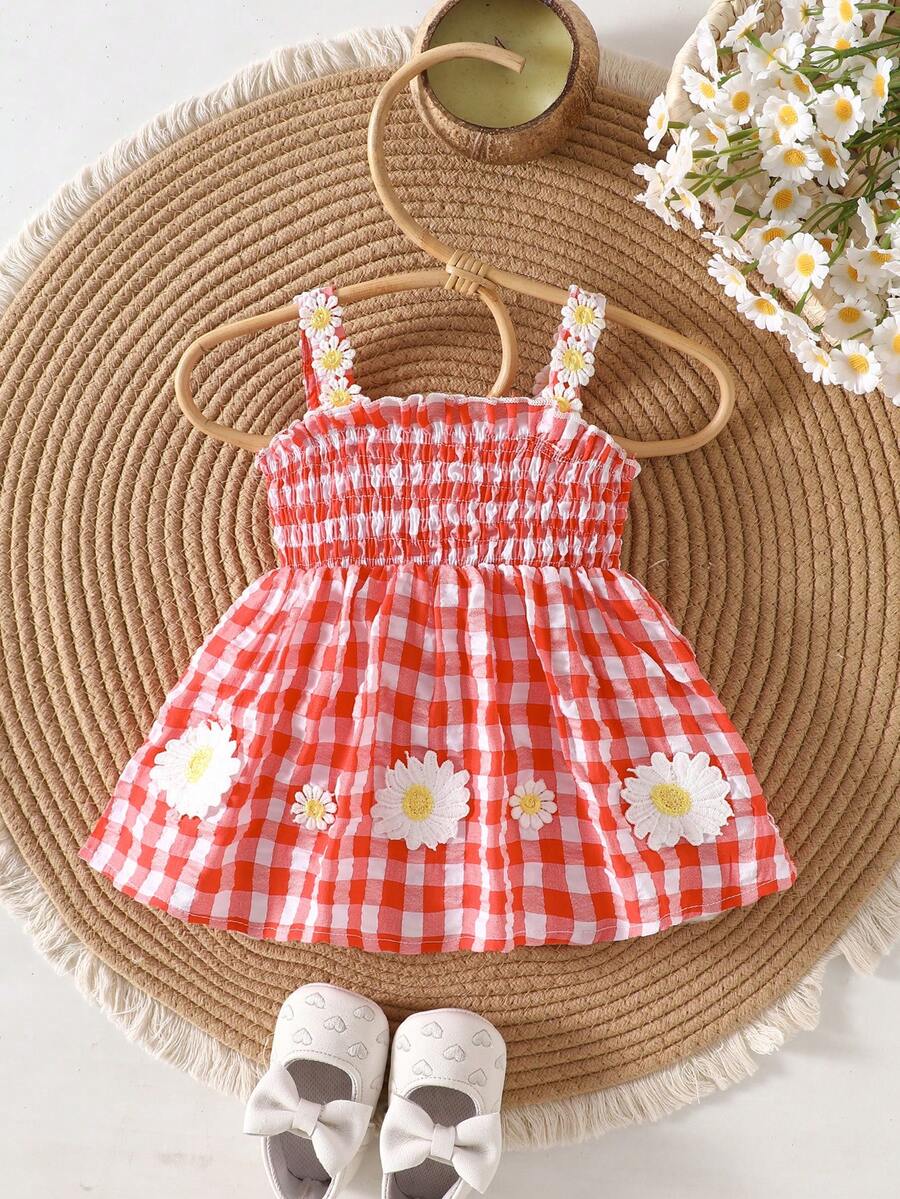 Baby Blue Plaid Floral Embroidered Cami Dress for Cute Spring and Summer Outings