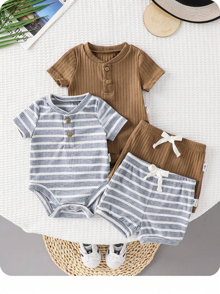 Striped Bodysuit and Shorts 4 Piece Outfit Set for Cute Summer Daily Wear