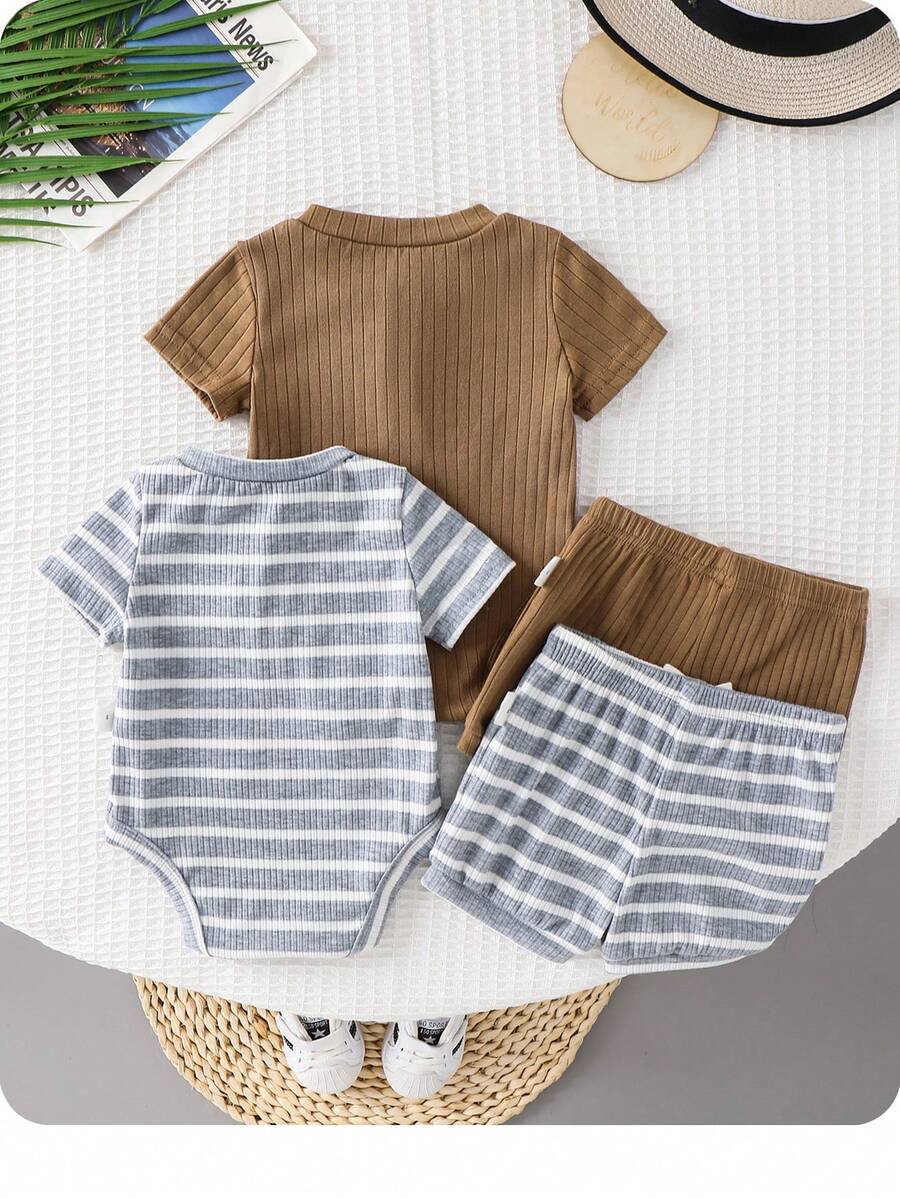 Striped Bodysuit and Shorts 4 Piece Outfit Set for Cute Summer Daily Wear