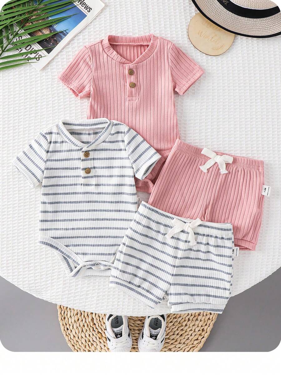 Striped Bodysuit and Shorts 4 Piece Outfit Set for Cute Summer Daily Wear