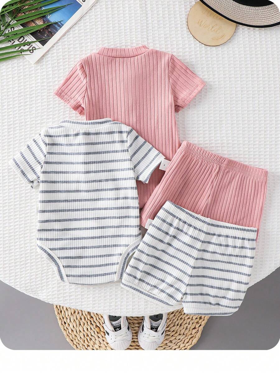 Striped Bodysuit and Shorts 4 Piece Outfit Set for Cute Summer Daily Wear