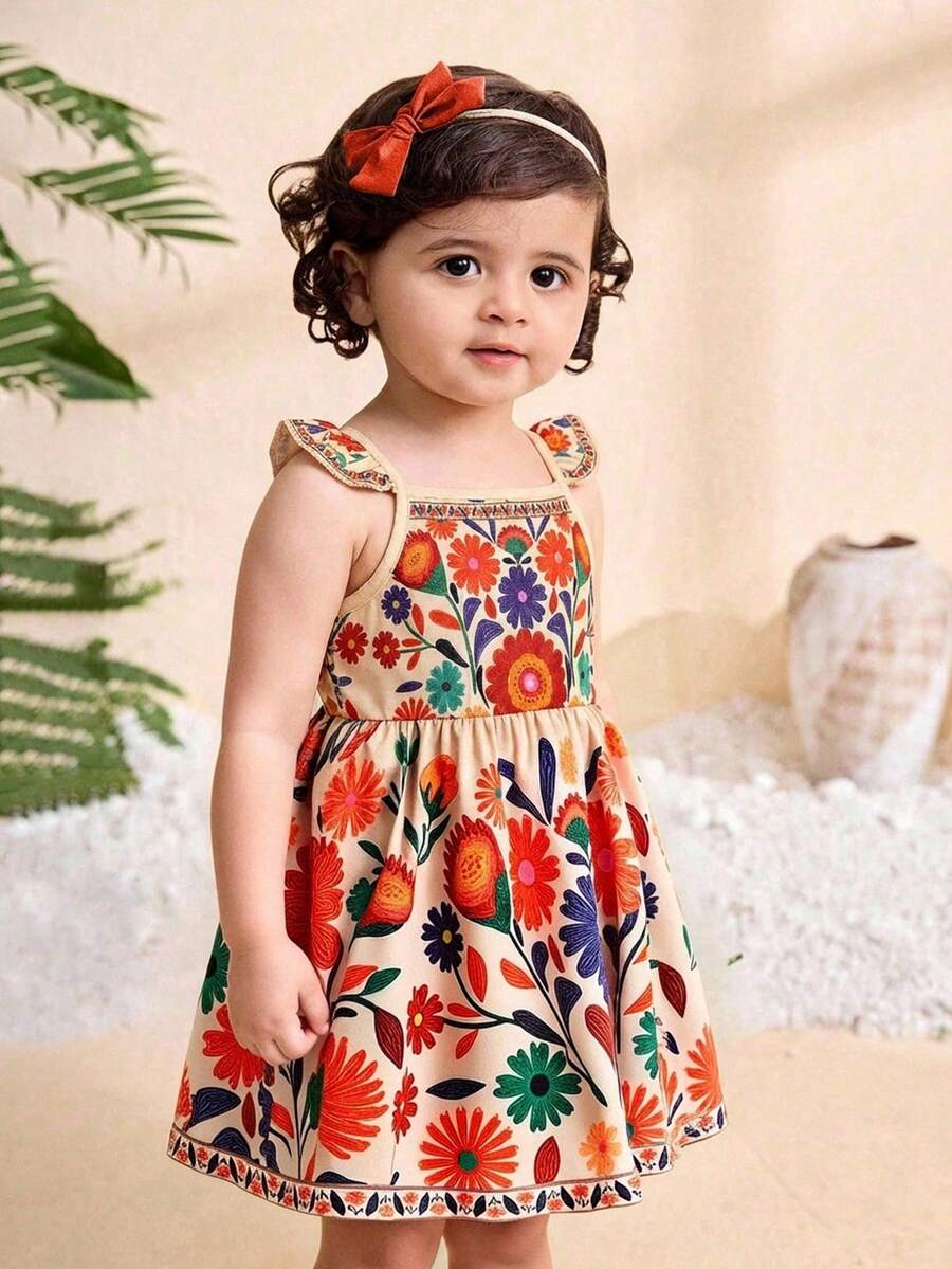 Baby Girl Retro Vintage Floral Dress - Sleeveless Elastic Waist Casual Sundress