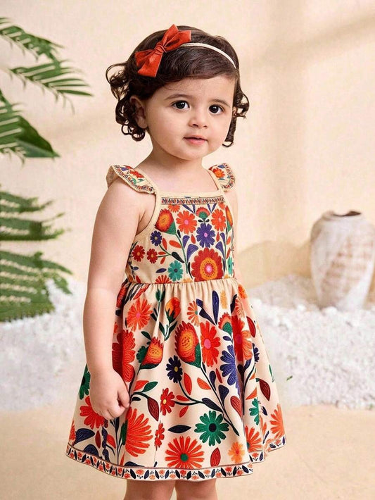 Baby Girl Retro Vintage Floral Dress - Sleeveless Elastic Waist Casual Sundress