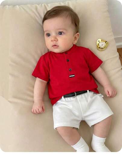 Newborn Baby Boy Cute Collegiate Style Knit Red Short Sleeve Top And Elastic Waist Shorts Set