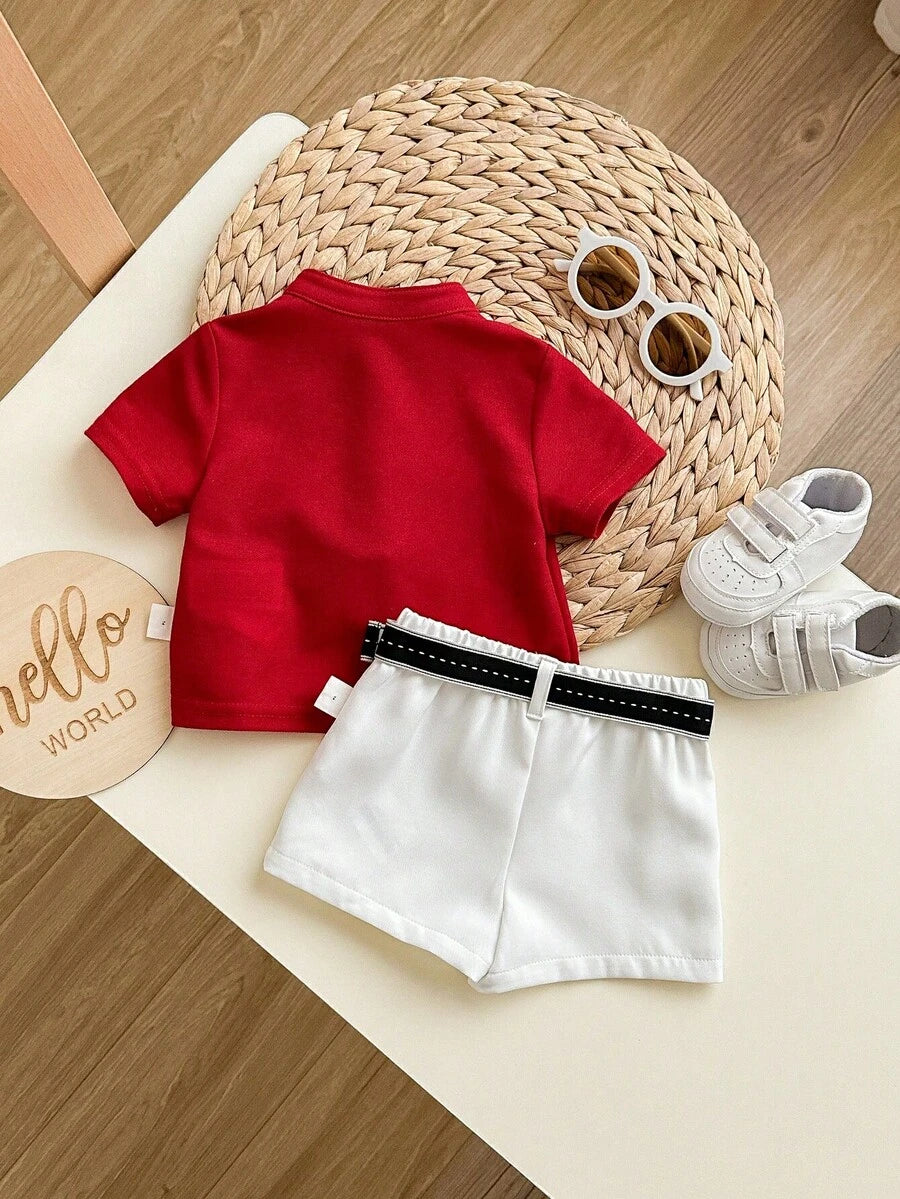 Newborn Baby Boy Cute Collegiate Style Knit Red Short Sleeve Top And Elastic Waist Shorts Set