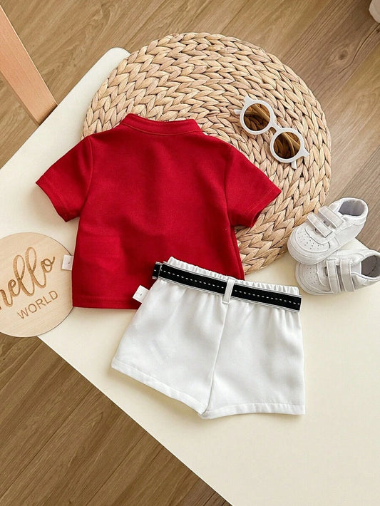 Newborn Baby Boy Cute Collegiate Style Knit Red Short Sleeve Top And Elastic Waist Shorts Set