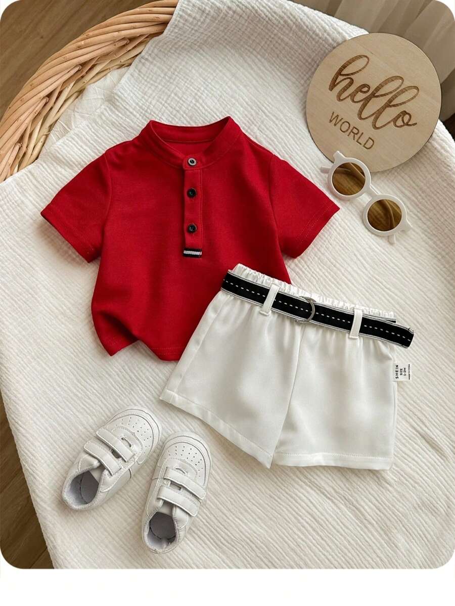 Newborn Baby Boy Cute Collegiate Style Knit Red Short Sleeve Top And Elastic Waist Shorts Set