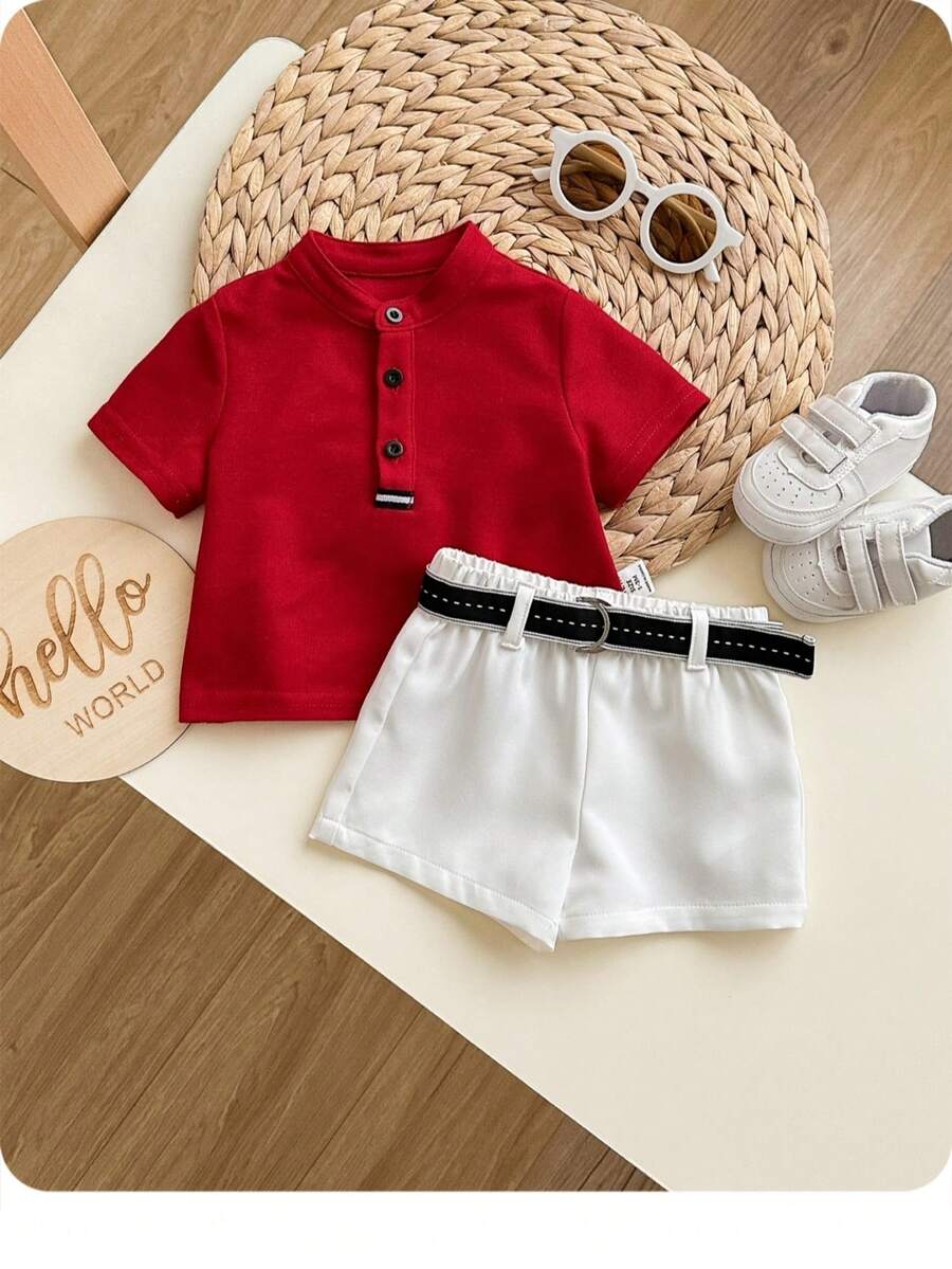 Newborn Baby Boy Cute Collegiate Style Knit Red Short Sleeve Top And Elastic Waist Shorts Set
