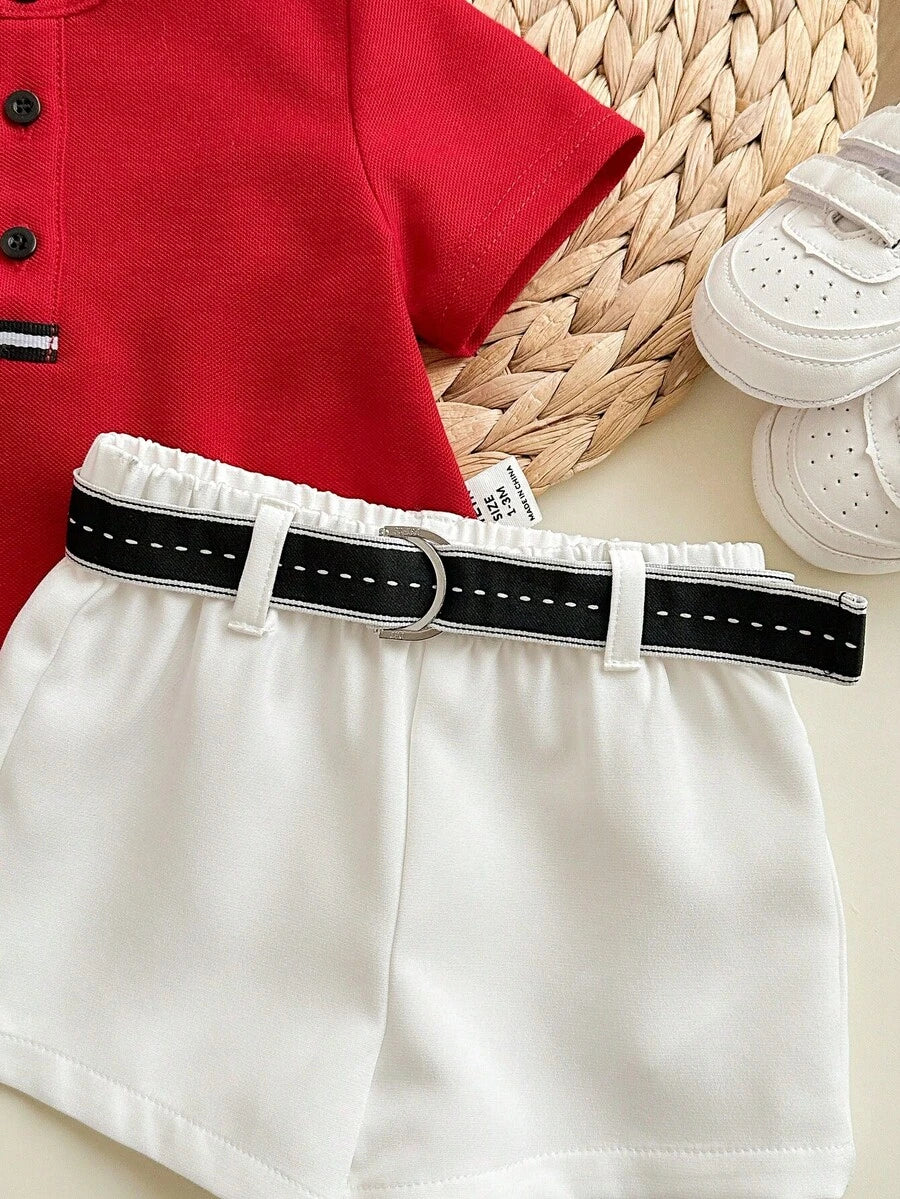 Newborn Baby Boy Cute Collegiate Style Knit Red Short Sleeve Top And Elastic Waist Shorts Set